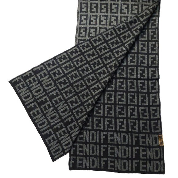Vintage FENDI Dual Monogram Inverted Logo Black & Gray Reversible Scarf - Picture 1 of 9
